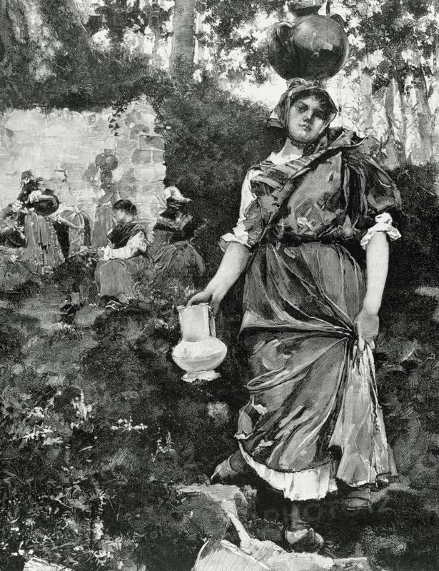 Spain. Asturias. Woman fetching water. Fount Castaneu. Engraving.