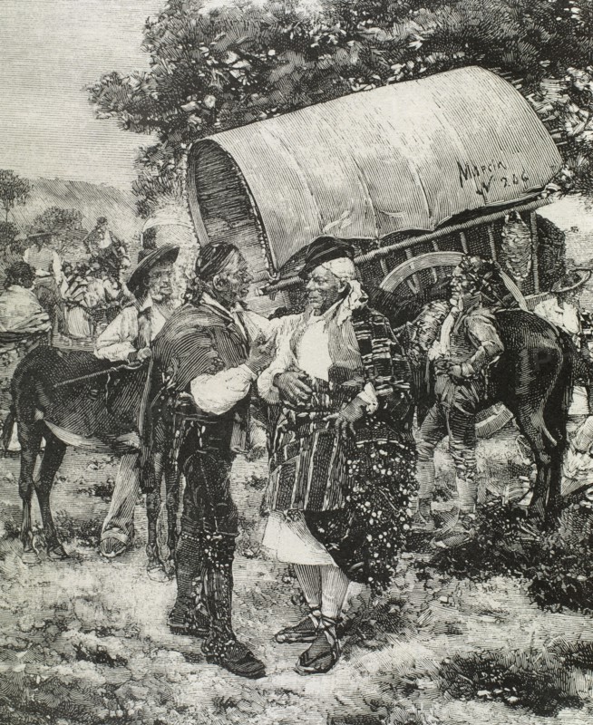 Spain. Orchard of Murcia. Peasant fair. Engraving.