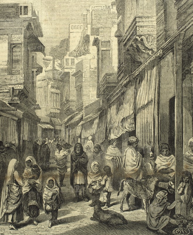 India. Varanasi. Street of the city. Daily life. Engraving.