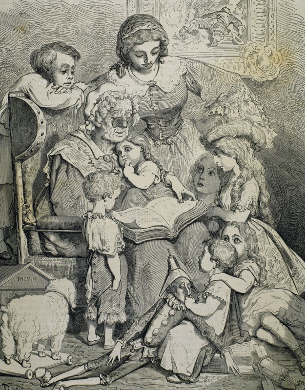 Family reading tales of Charles Perrault. Engraving.
