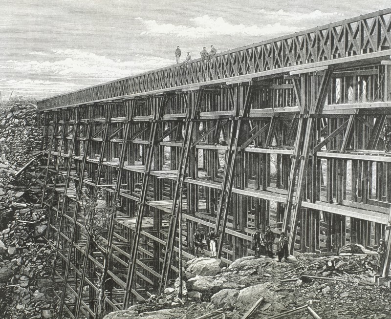 Construction of the Bridge of Dale Creek, one of the major works of the Union Pacific.