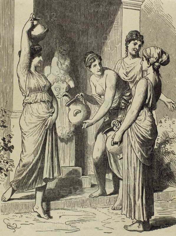The slaves are picking water up from the public fountain.