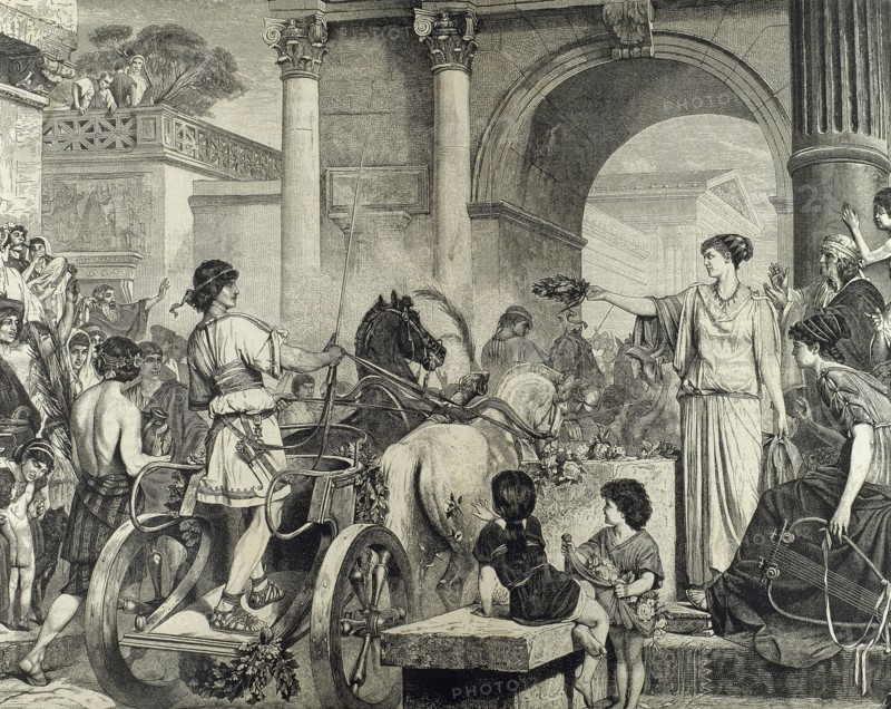 Olympic Games. Entrance of the winner in chariot racing.