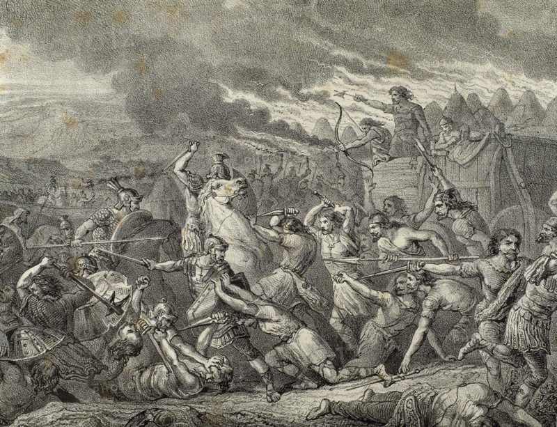 Roman conquest of Hispania. Battle between Celtiberian and Roman troops under Cayo Calpurnio Pison.