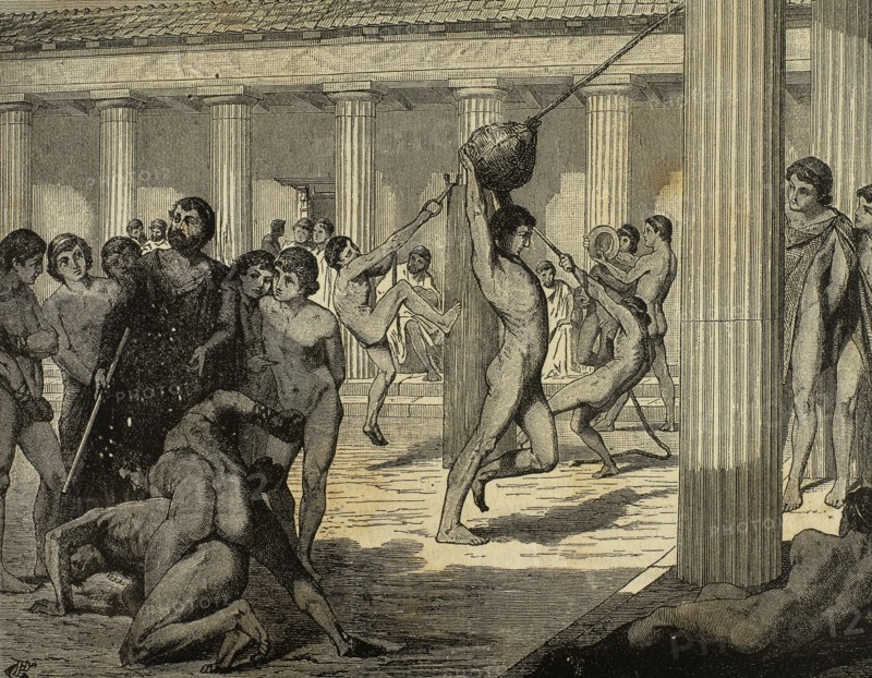 Sparta. Young Spartan sportsmen making gymnastics.