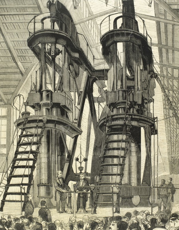 Ulysses S. Grant and Pedro II of Brazil switch on the Corliss Centennial Engine.