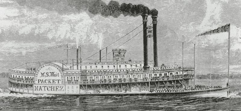 US Mail Packet Natchez steam boat sailing by the Mississippi river.