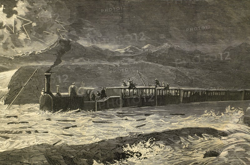 Mail train from Barcelona stopped between Selgua and Tomillo by the flood of the Cinca river on 28 October, 1879.