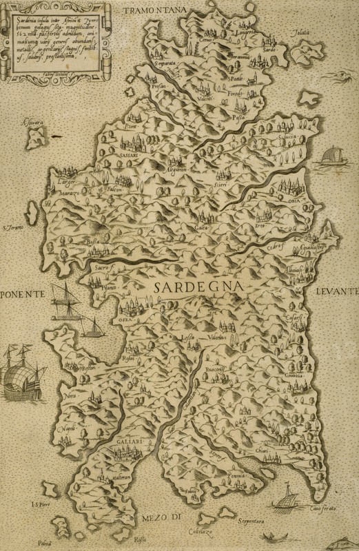Map of Sardinia. Mediterranean Sea. Italian engraving. 16th century.