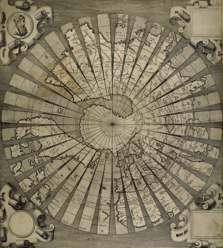 World map by Claudius Ptolemy (90-168). Engraving, 16th century.