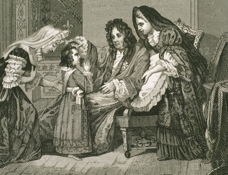 Louis XIV (1638-1715), King of France, with his grandson. Engraving.