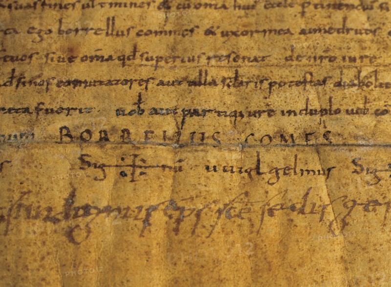 Barter between count Borrell and D'Urgell Sal.la bishop. Parchment. 988. Detail signatures. Spain.