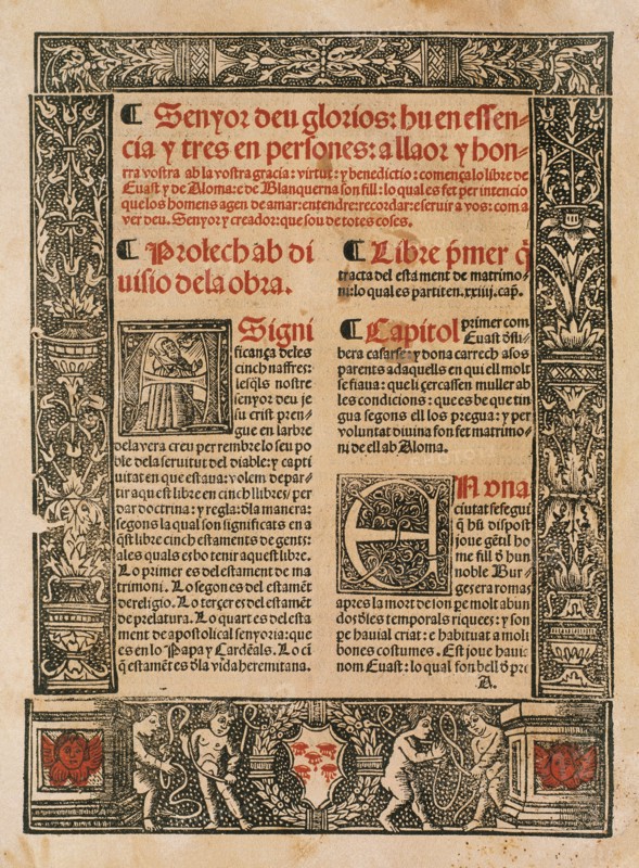 Blanquerna. Novel written around 1293 by Mallorcan writer and philosopher Ramon Llull. Front. Valencia, 1521. Spain.