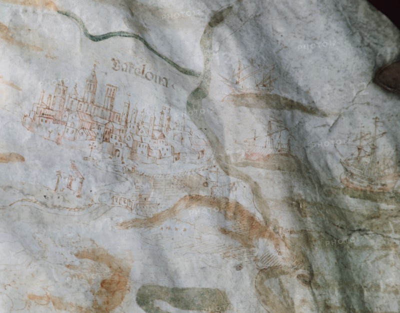 Parchment. Drawing city Barcelona and Port of city. 1521. Spain.