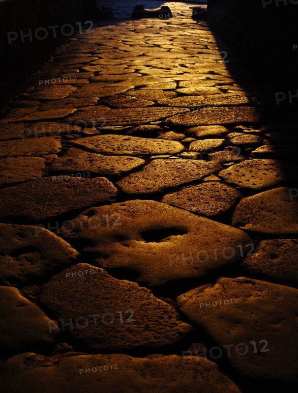 Pompeii. Sunset on a cobbled street.