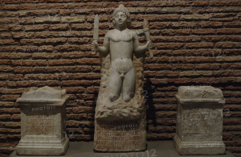 Three offering for the Mitreo. Staute of Miter and two altars dedicated to Cautes and Cautopates.
