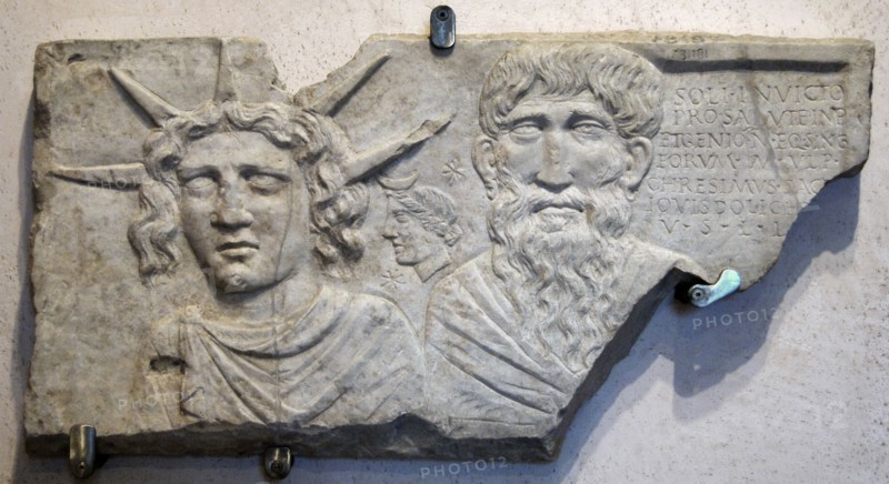 Slab: Sol Invectus (Unconquered Sun), moon and Jupiter Dolichenus.