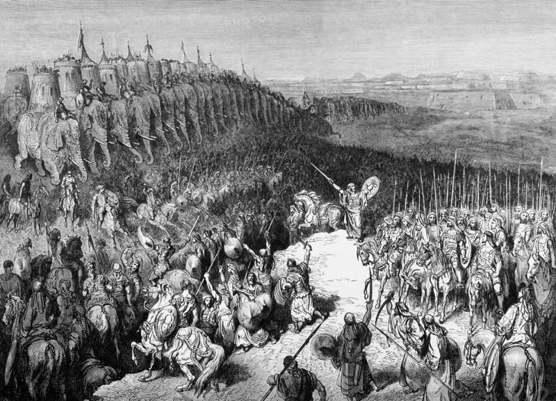 Bible. Old Testament. Judas Maccabeus before the army of Nicamor. Engraving.