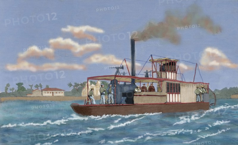 Portuguese gunboat commanded by Major Serpa Pinto, at the mouth of the Zambezi River. Engraving. Colored.