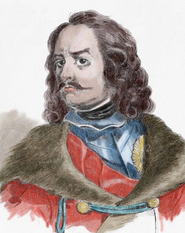 Peter the Great (1672-1725). Emperor of All Russia. House of Romanov. Engraving, 19th century. Colored.