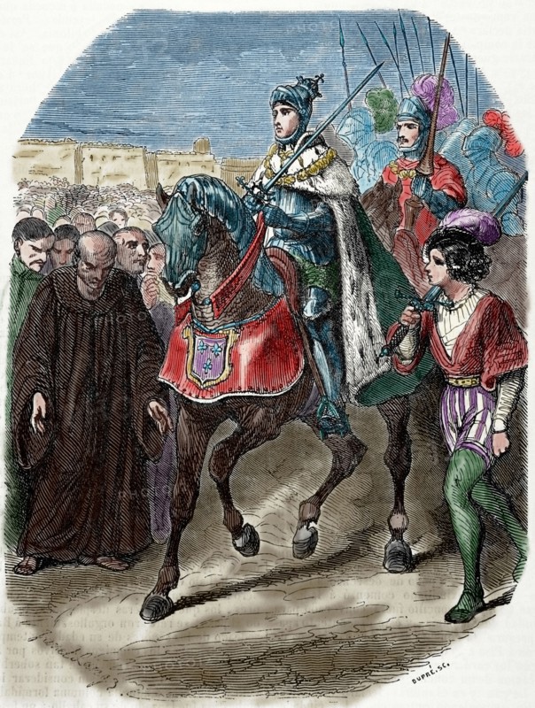 Louis XII (1462-1515) King of France entering the city of Genoa. Engraving, 1851. Colored.