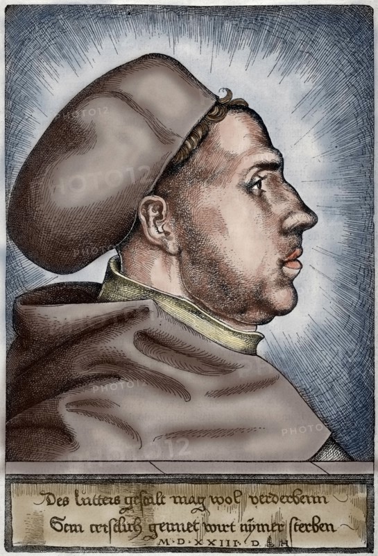 Martin Luther, (1483-1546). German reformer. Portrait. Engraving. Colored.