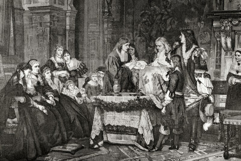 The posthumous baptism. Engraving.