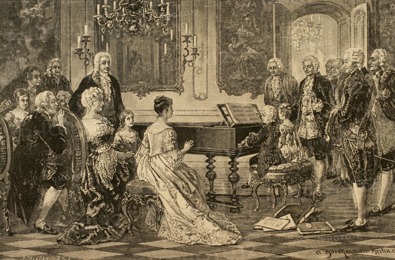 Maria Anna (Nannerl) and Wolfgang Amadeus playing before the Empress Maria Theresa (1717-1780) . Vienna, 1762. Engraving .