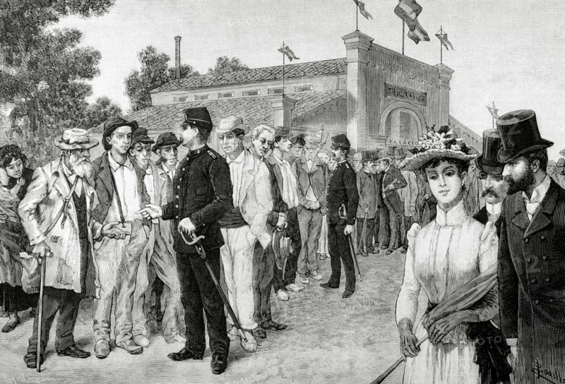 Queues poor to eat free. Madrid. Shop Asylum opened by Queen of Spain, Maria Christina of Austria (1858-1929). Engraving, 1889.