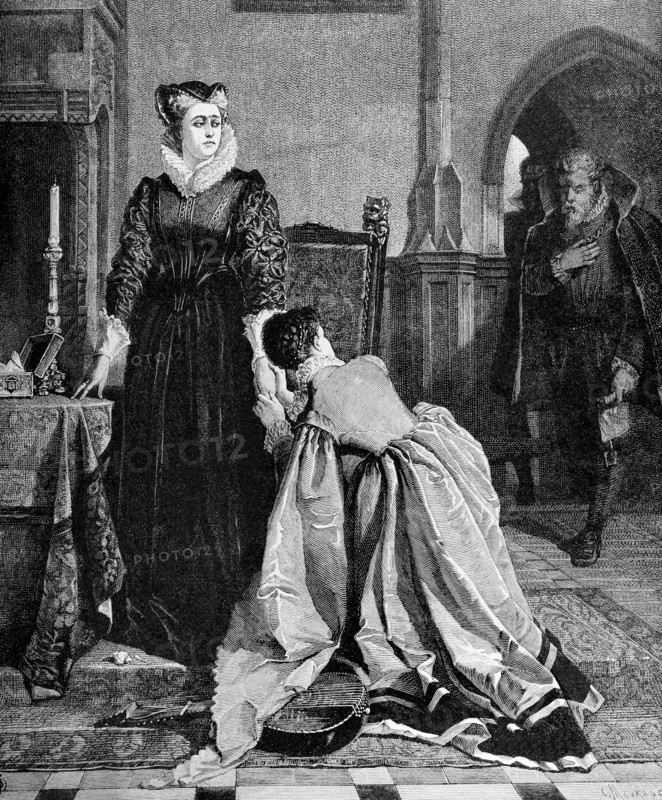 Queen Mary of Scotland (1542-1587) and Queen consort of France, sentenced to capital punishment. Engraving,1885.