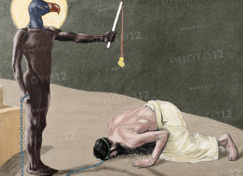 Mammon. In the New Testament of the Bible, is material wealth or greed. Colored engraving.