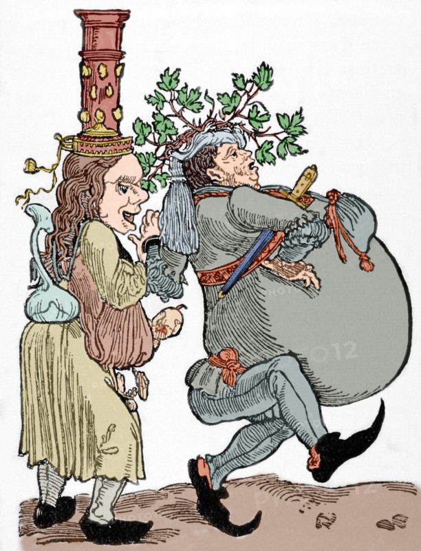 Martin Luther (1483-1546) and his wife Katharina von Bora (1499-1552). Caricature. Colored engraving.