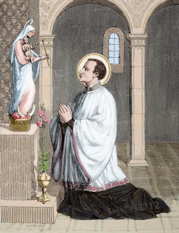 Saint Aloysius Gonzaga (1568-1591). Engraving. Colored.