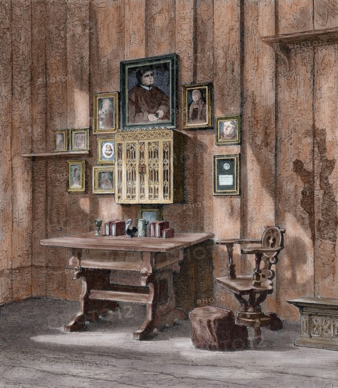 Room of Martin Luther (1483-1546) at Wartburg. Engraving. Colored.