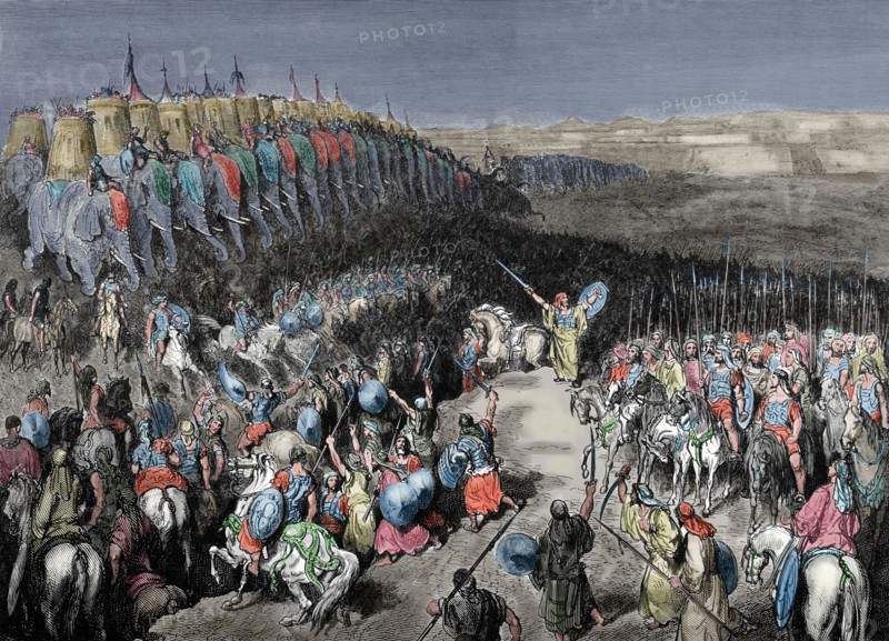 Bible. Old Testament. Judas Maccabeus before the army of Nicamor. Macc II, 15. Colored engraving.