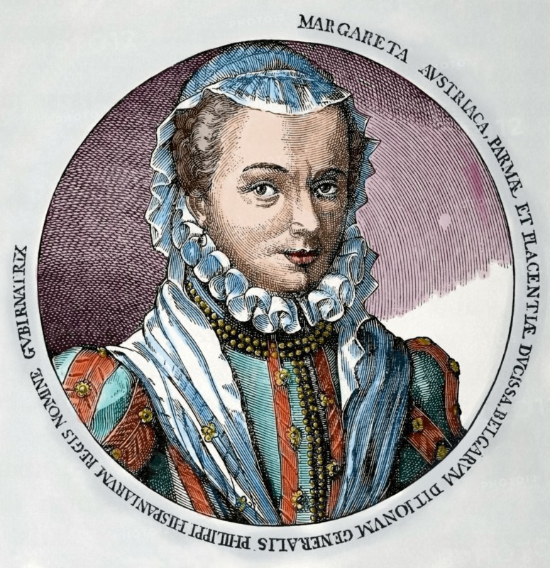 Margaret of Parma (1522-1586). Governor of the Netherlands from 1559-1567 and from 1578-1582. Engraving. Colored.