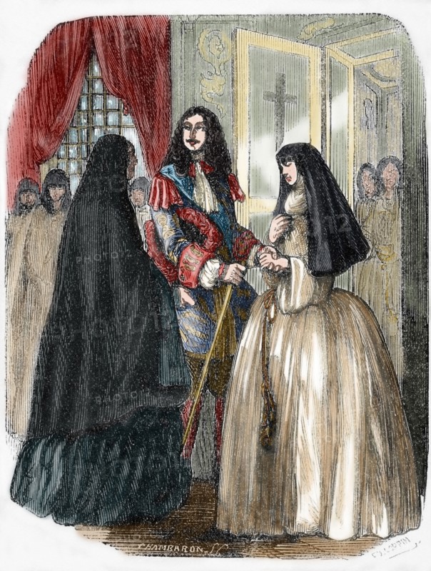 Louis XIV and his mistress Louise de La Valliere (1644-1710). Engraving. Colored.