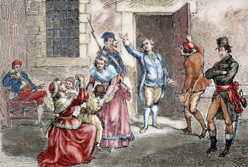 Louis XVI (1754-1793) taking leave of his family. Engraving. Colored.