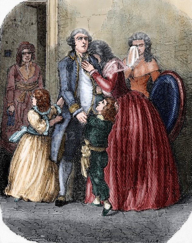 Louis XVI (1754-1793) taking leave of his family. Engraving. Colored.