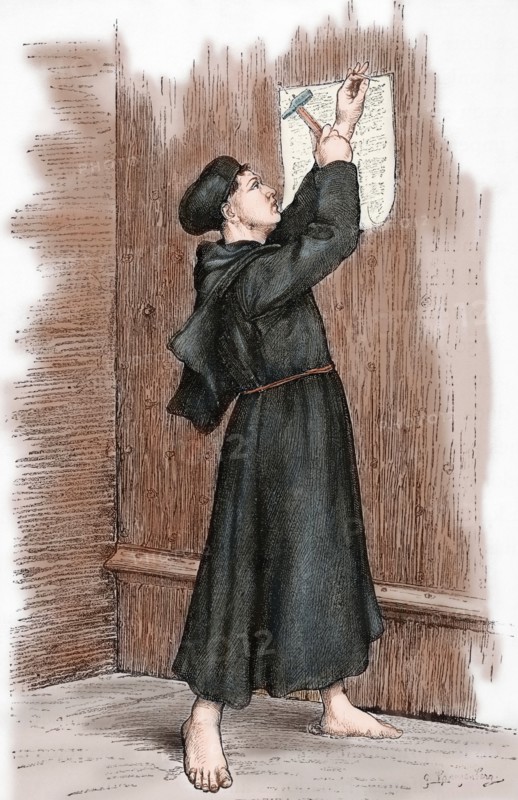 Martin Luther (1483-1546) hanging his 95 theses in Wittenberg, 1517. Engraving. Colored.
