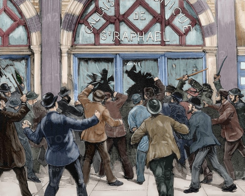London. Picadilly. Socialist agitation. February 8, 1886. Engraving. Colored.