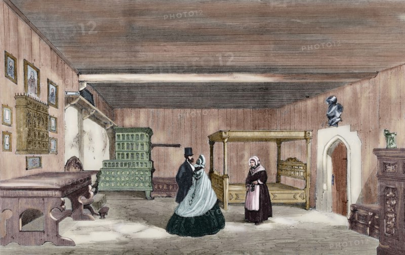 Martin Luther's Room in Wartburg Castle. Engraving. Colored.
