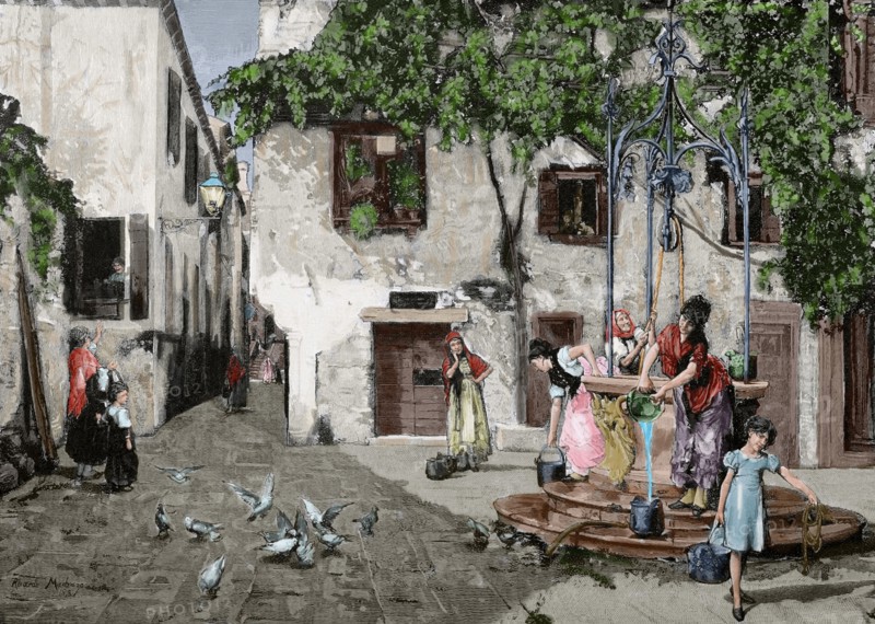 By the Well. Engraving. Colored.