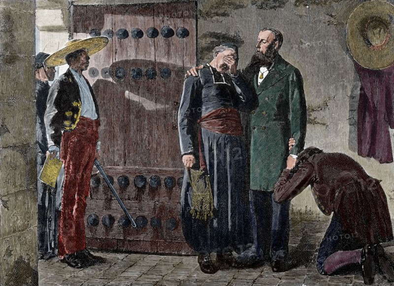 Maximilian I (1832-1867). Last moments of Emperor. Engraving. Colored.