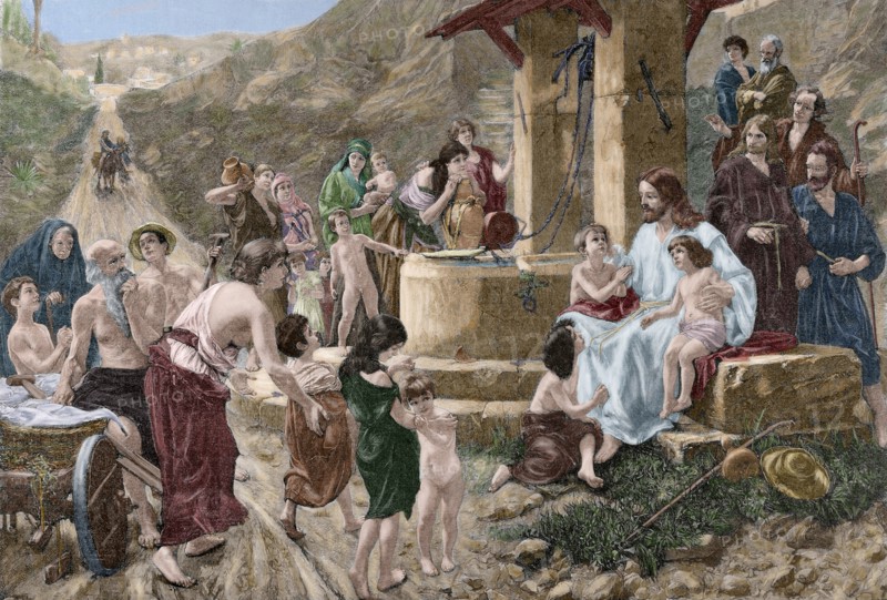 Jesus blessing the children. Engraving. Colored.