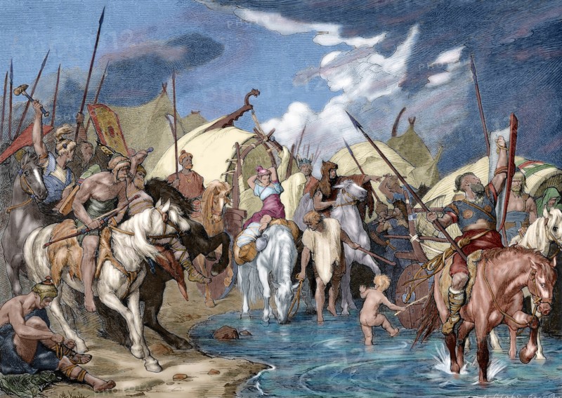 Emigration of the Germans. Engraving. Colored.