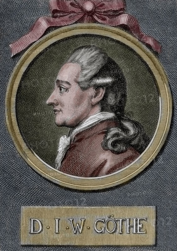 Johann Wolfgang von Goethe (1749-1832). German writer. Engraving. Colored.