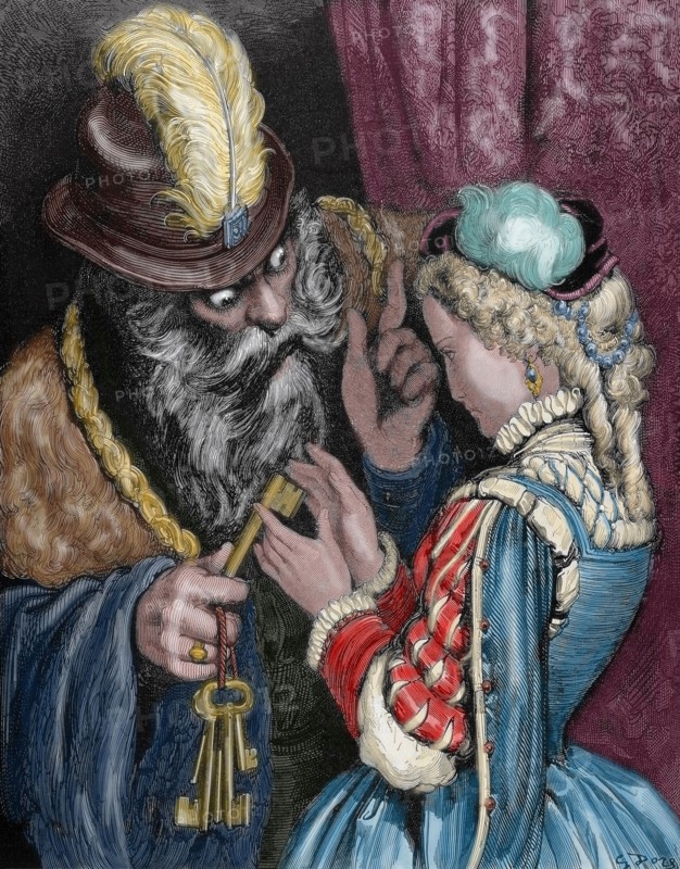 Charles Perrault (1628-1703). French writer. Bluebeard. Engraving. Colored.
