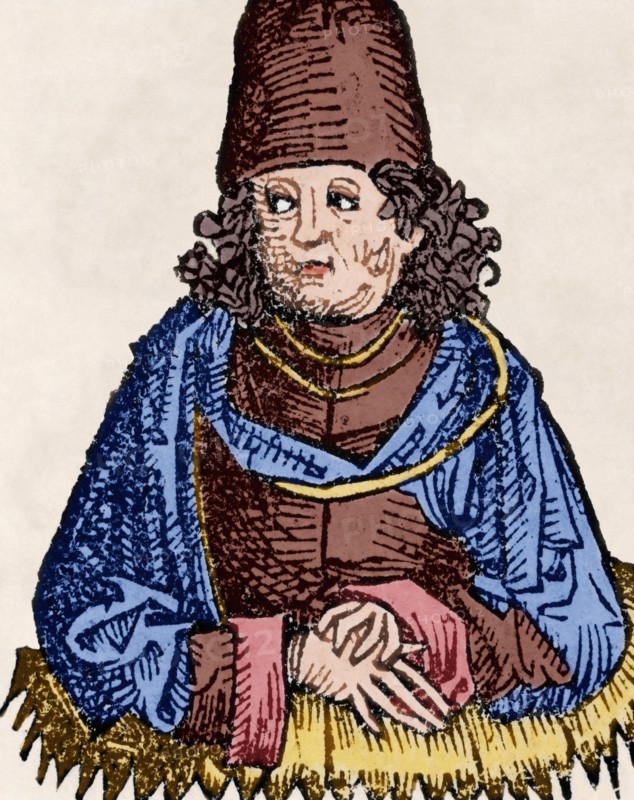 Aristotle (384-322 B.C). Greek philosopher. Engraving. Colored.