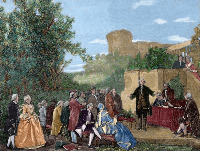 Carlo Goldoni (1707-1793), Italian playwright, reciting. Engraving. Colored.